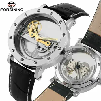 Men's Watch Skeleton Mechanical Watch Transparent Dial Black Leather Strap Wristwatch Мужские автоматические часы
