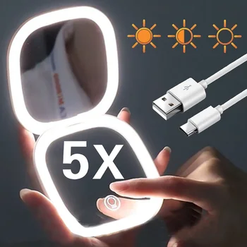 Мини-светодиодное зеркало для макияжа с подсветкой, Увеличительное зеркало в 5 раз, Маленькое Карманное Портативное Дорожное USB-перезаряжаемое Складное зеркало для макияжа