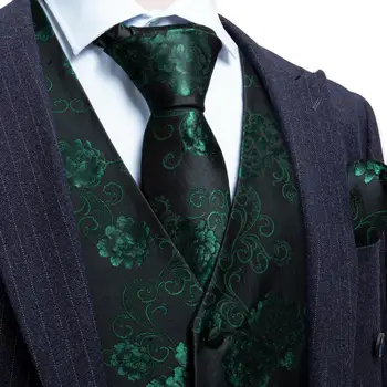Элегантный Шелковый Черно-зеленый Мужской Жилет с цветочным рисунком, Приталенный жилет, Комплект с галстуком, Официальная деловая куртка без рукавов Barry Wang