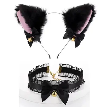 Повязка на голову с ушками животных, Кружевная лента для волос с бантом, воротники-колокольчики, костюм на Хэллоуин для девочек и женщин
