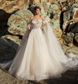 Великолепное свадебное платье 2021 Трапециевидной формы с открытыми плечами, Кружевные аппликации, блестки, Платье Невесты со шлейфом, Vestidos De Noiva