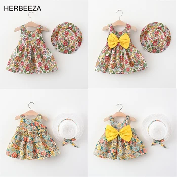 Летняя детская одежда для маленьких девочек, платье-комбинация с бантом и цветочным рисунком, пляжное платье принцессы, платье для дня рождения, детский костюм + шляпа