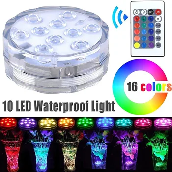 10 светодиодов Подводный светильник 16 цветов IP68 Водонепроницаемый светильник для бассейна Погружной светильник с дистанционным управлением для вазы для бассейна