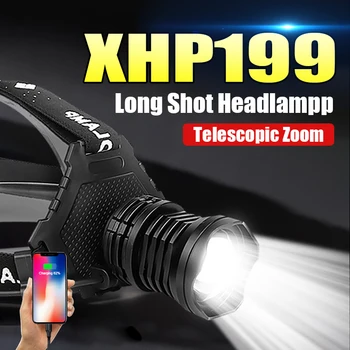 Новый светодиодный Налобный фонарь XHP199 Zoom, Перезаряжаемый Уличный фонарь, Водонепроницаемый ручной фонарик IPX6 18650, Рыбалка, Кемпинг, фонарик Высокой Мощности