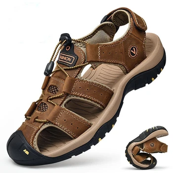 Новые мужские летние тонкие туфли, сандалии, мужские уличные кожаные дышащие тапочки Baotou, износостойкие нескользящие спортивные сандалии