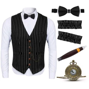 Взрослый мужской жилет в гангстерскую полоску с галстуком, комплекты из 2 предметов, 5 предметов, аксессуары 1920-х годов, костюмы для косплея на Хэллоуин