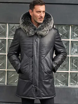 Мужское пальто из воловьей кожи, пуховик из натуральной кожи с воротником из лисьего меха, зимнее пальто с капюшоном, длинная теплая верхняя одежда
