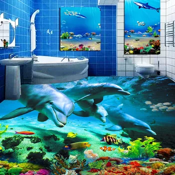 Изготовленная на заказ 3D Наклейка на Пол Мир Океана Дельфин Туалеты Ванная Комната Спальня Виниловая Фреска на Полу ПВХ Водонепроницаемые Обои Живопись Современная
