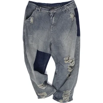 Хлопчатобумажные джинсовые винтажные выстиранные свободные брюки Летние и осенние женские художественные повседневные рваные джинсы с широкими штанинами