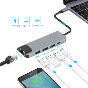 Конвертер 5 в 1 Type-C в USB3.0 концентратор с портом RJ45 Gigabit Ethernet LAN Type-C Charing Для Huawei Samsung Xiaomi Adaper