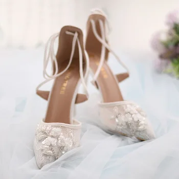 Весной и летом новые свадебные туфли невесты из кружевной сетки с платьем, сандалии на шпильке, острый носок, женские тонкие туфли большого размера на заказ