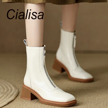 Cialisa/ Модные Ботильоны С Квадратным носком, Осенне-зимняя женская обувь ручной работы, натуральная кожа, Короткие сапоги на высоком каблуке 6 см для леди 40