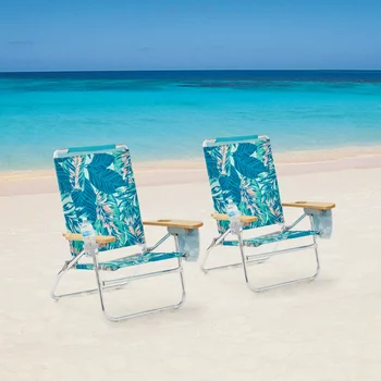 Пляжный стул Комфортной высоты с откидывающимися деревянными подлокотниками, Шезлонг с зеленой пальмой, Складной Стул для кемпинга, Пляжный стул