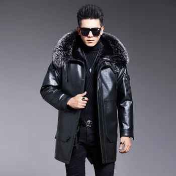 2022 Новая Мужская куртка из натуральной кожи С Длинным воротником из лисьего меха, пальто из овчины, Съемная Шерстяная подкладка, Модное черное пальто