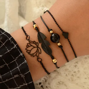 Новый модный набор браслетов из готических черных перьев Для женщин, браслеты с подвесками в виде Сердца, Женские браслеты-цепочки на запястье, Ювелирные изделия в стиле Бохо