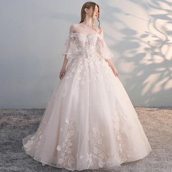 Роскошное свадебное платье, Новые расклешенные рукава, аппликации, вырез лодочкой, длина до пола, бальное платье, свадебные платья принцессы, Vestido De Noiva 2023