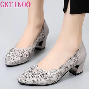 GKTINOO 2023, летние модные открытые туфли-лодочки из натуральной кожи, женская обувь на среднем квадратном каблуке, Сетчатая женская офисная обувь со стразами
