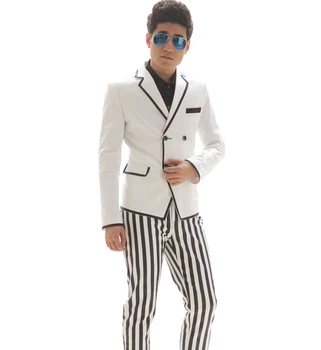 (Куртки + брюки) 2018 Новые мужские костюмы Больших размеров, приталенный смокинг в черную полоску, модное мужское платье певца, белый блейзер