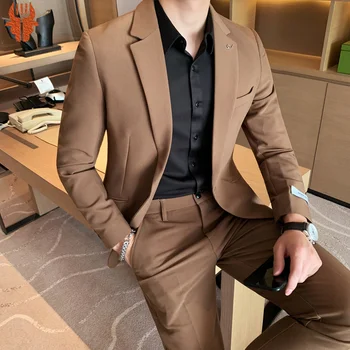 (Куртки + брюки) 2023 Брендовая одежда Для мужчин из высококачественного чистого хлопка, деловые блейзеры/Мужской приталенный повседневный костюм из двух частей S-3XL