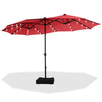 15-футовый двухсторонний солнечный зонт для патио с основанием, Большой настольный зонт для улицы с кривошипной ручкой и 36 шт светодиодных ламп красного цвета