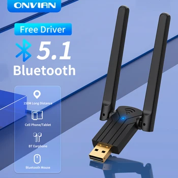 Onvian USB Bluetooth Адаптер Bluetooth 5.1 Передатчик Приемник 150 м на большие расстояния с двойной антенной Беспроводной аудиоприемник для ПК
