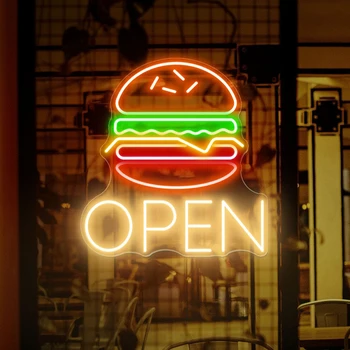 Неоновая вывеска Hamburger Open, Индивидуальный Бизнес-декор, Ресторан, бар, Магазин, светодиодный ночник для настенного художественного оформления комнаты, неоновые огни