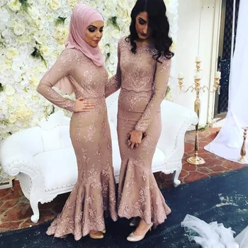Пыльно-розовые мусульманские платья подружек невесты из двух предметов с круглым вырезом и длинным рукавом, расшитые блестками, свадебные платья русалочки для гостей длиной до щиколоток, платье для выпускного вечера