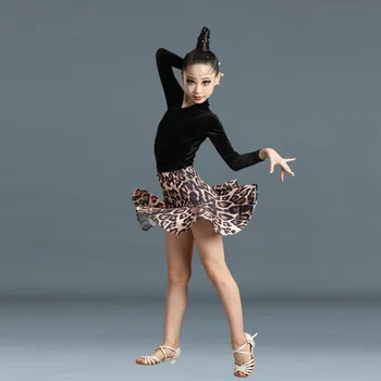Детское платье для латиноамериканских танцев, тренировочные платья, Леопардовая юбка для латиноамериканских танцев для женщин, юбка для конкурсных танцев из спандекса для девочек
