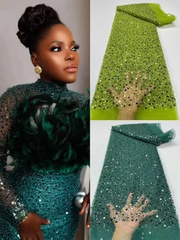 Кружевная ткань Sequence Роскошные Вечерние Платья 2023 Нигерийская ткань 2023 Высококачественные Зеленые Вышитые Тюлевые ткани 5 ярдов Wp168-1