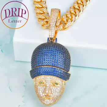 Капельная буква, синий Кубический Циркон, Подвеска в виде лица, Золотое ожерелье, подвески для мужчин, хип-хоп, Рок-украшения